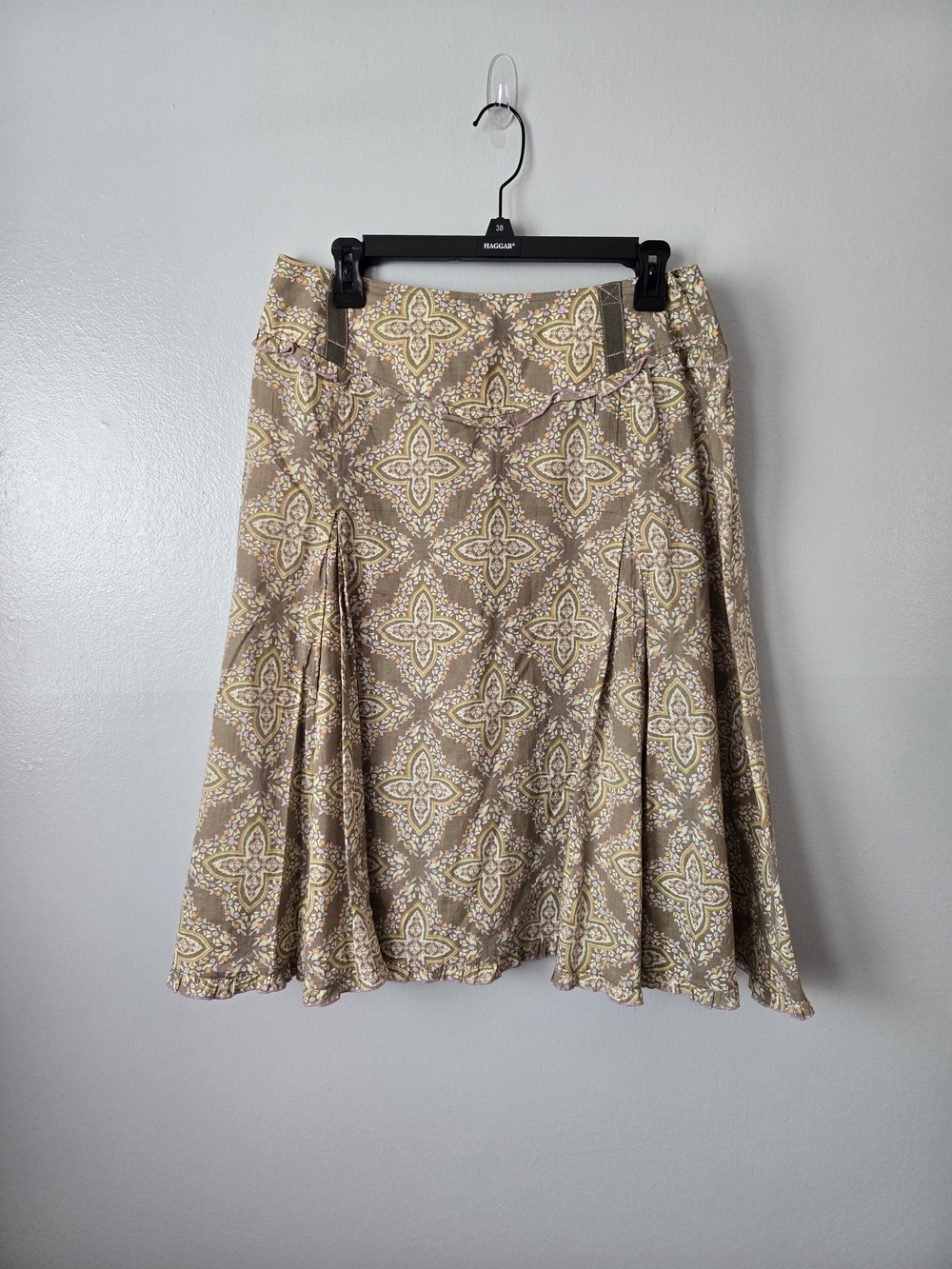 Script Olive Tan Paisley 100% Cotton Pleated A-Line Modest Midi Skirt Size 10